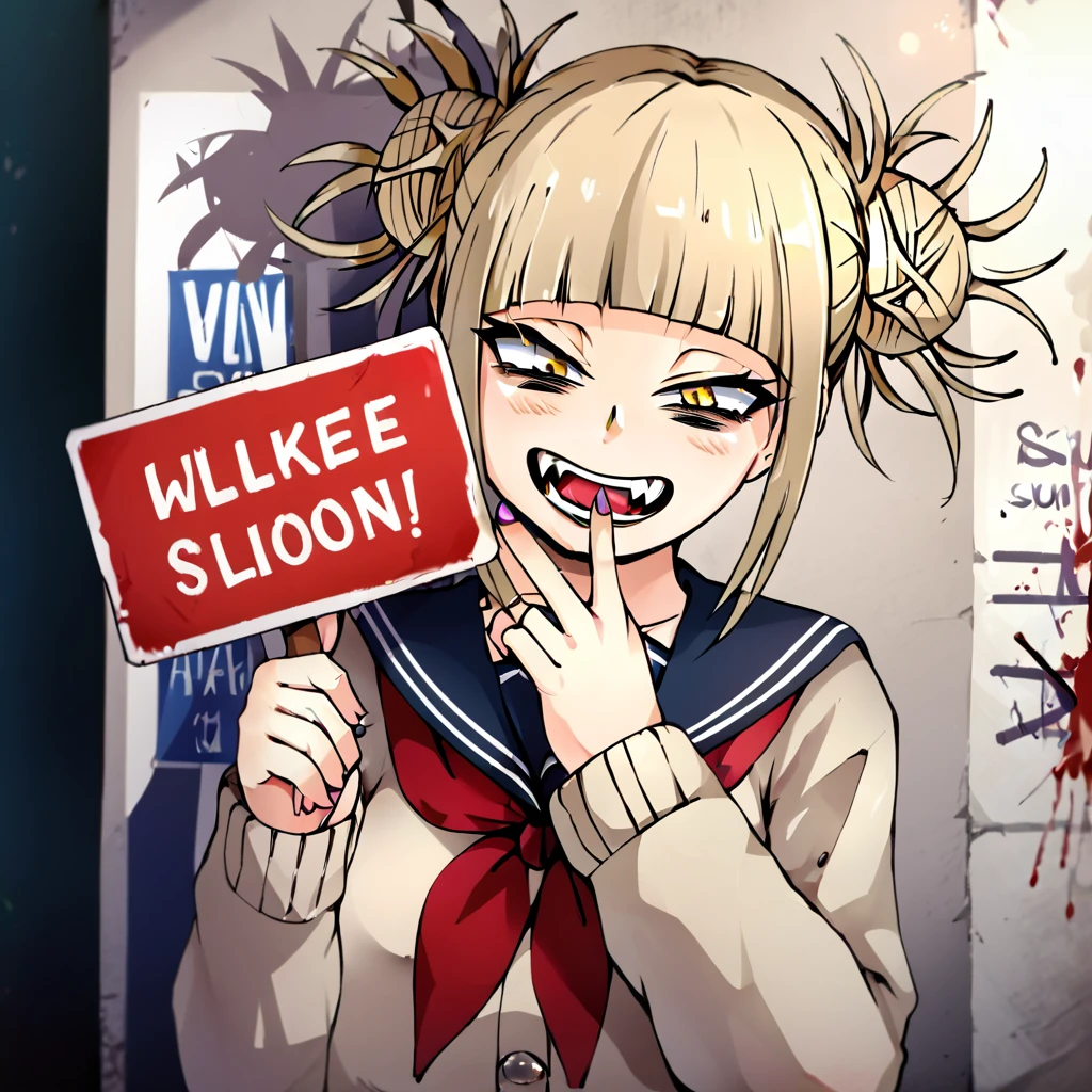 Himiko toga with a sign that said "Jeired Bustamante you are the love of my life" written in blood by his own fingers