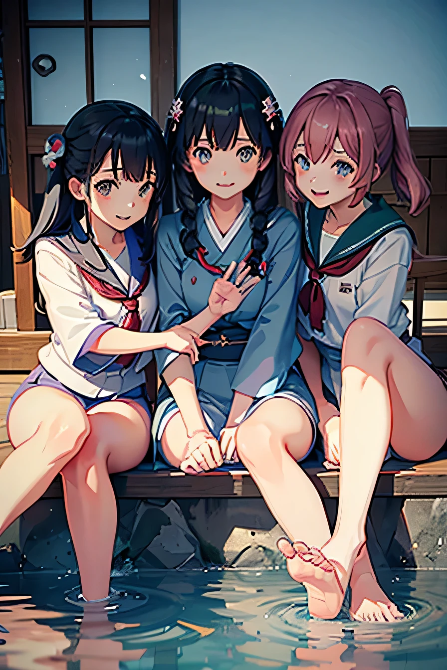 Three high school girls are sitting on the floor.、Three people are making peace signs, Happy!!!, Japanese High School, Various poses, 8K!!, Japanese anime, Cliff of Immortality, 🚿🗝📝, Kyoto Animation Style, 2D Animation, 3D,Angle from below,naked,Have pubic hair