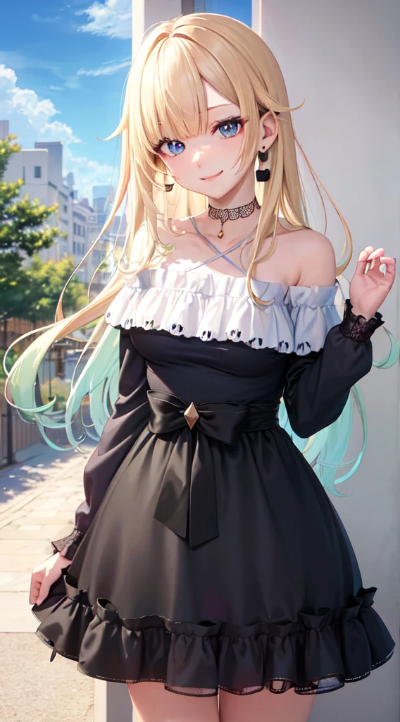(masterpiece, best quality:1.2), solo, 1girl, aizawa ema, smile, closed mouth, looking at viewer, hair ornament, off-shoulder shirt, black shorts, black choker, jewelry, earrings