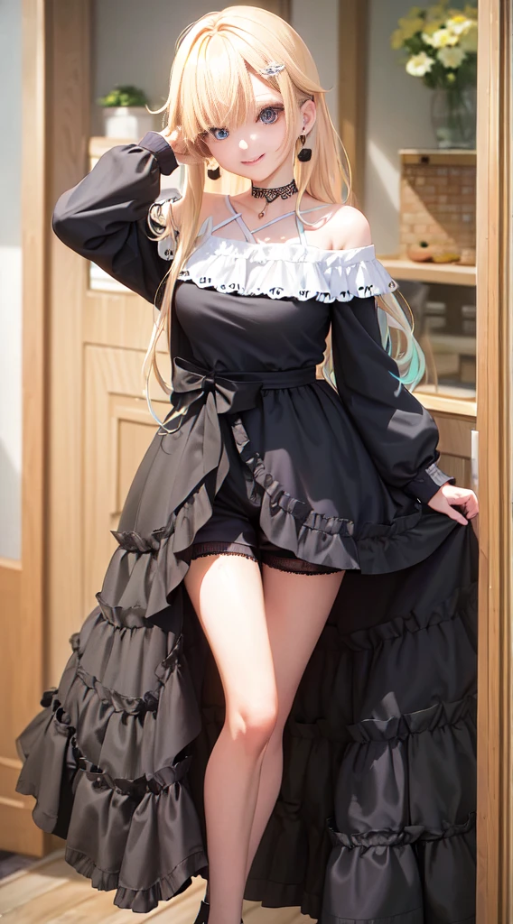 (masterpiece, best quality:1.2), solo, 1girl, aizawa ema, smile, closed mouth, looking at viewer, hair ornament, off-shoulder shirt, black shorts, black choker, jewelry, earrings