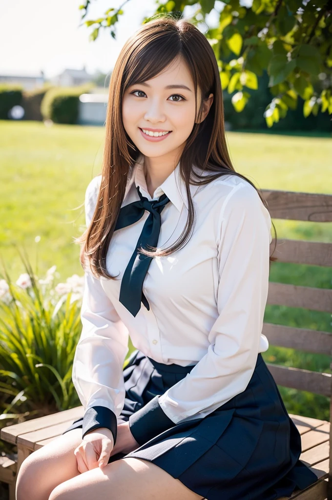 Pure Japanese school girl, wearing uniforms and blouse and skirt, natural makeup, natural hair styles, sweet smile, sexual attractive, sitting and relaxing, professional portrait photography, dazzling summer sunlight, 