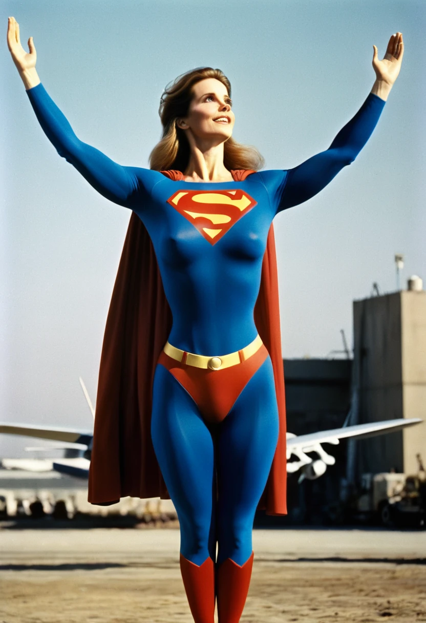 Julie Hagerty 1980 Superman movie; take-off position; arms stretched upwards. 