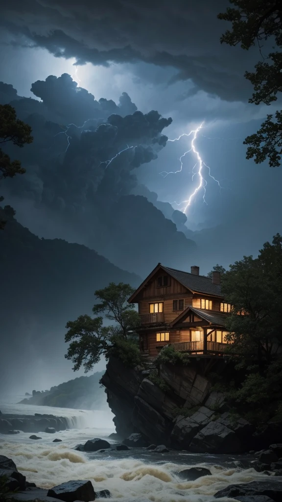 An old, wooden house with peeling paint, perched precariously on the edge of a steep, rocky cliff.
* The river below is overflowing and the current is strong, carrying mud and tree branches.
* Heavy rain is falling relentlessly, accompanied by lightning and thunder that shakes the entire house.
* The sky is a dark gray, blocking out the sun and making the atmosphere even more oppressive.
Audio:
* The sound of heavy rain hitting the roof and windows of the house.
* The roar of the river as it rushes past the rocks.
* The deafening rumble of thunder, as if it's shaking the whole house.
* The howling wind blowing strong, sending tree branches and leaves flying.
Super masterpiece, 8K, Best Quality, Ultra-detailed, Cinematic and beautiful lighting, Intricate details, Looking at Viewer, depth of fields,natta,Fantastic scenery at night