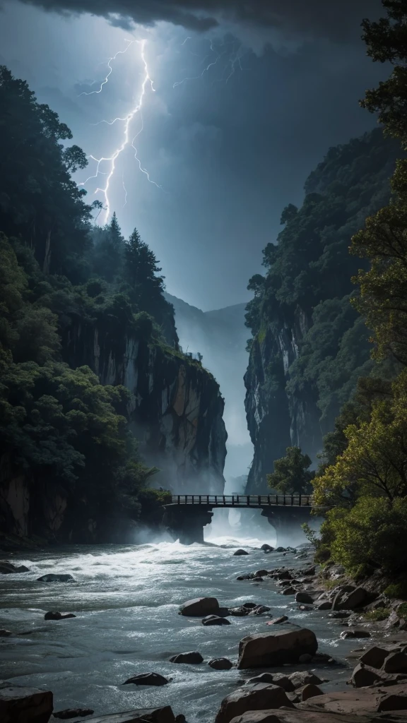 An old, wooden house with peeling paint, perched precariously on the edge of a steep, rocky cliff.
* The river below is overflowing and the current is strong, carrying mud and tree branches.
* Heavy rain is falling relentlessly, accompanied by lightning and thunder that shakes the entire house.
* The sky is a dark gray, blocking out the sun and making the atmosphere even more oppressive.
Audio:
* The sound of heavy rain hitting the roof and windows of the house.
* The roar of the river as it rushes past the rocks.
* The deafening rumble of thunder, as if it's shaking the whole house.
* The howling wind blowing strong, sending tree branches and leaves flying.
Super masterpiece, 8K, Best Quality, Ultra-detailed, Cinematic and beautiful lighting, Intricate details, Looking at Viewer, depth of fields,natta,Fantastic scenery at night
