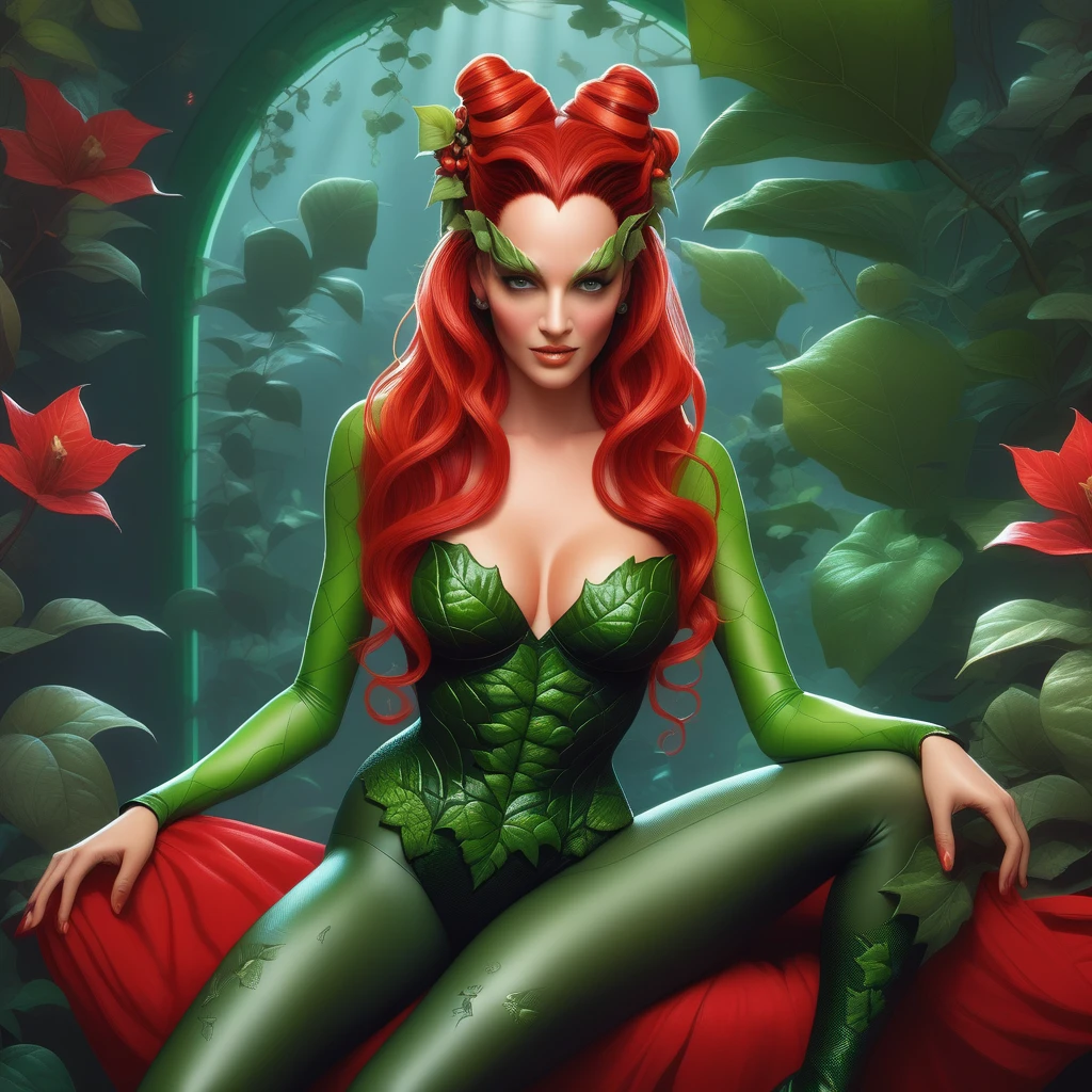 Ultra realistic extremely beautifully detailed 8k picture of 1 gorgeously cute and cool woman Uma Poison ivy with wavy hair pulled back into two large curly updo hair sitting in giant Venus trap, Red lingerie robe, extremely detailed eyes mouth and facial features, gorgeous breathtaking composition and epic cinematic lighting