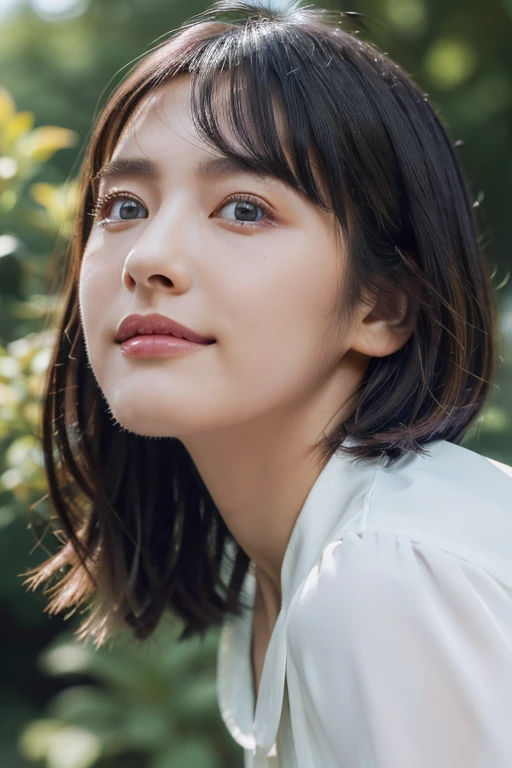 (award winning, 8k, super detailed, high resolution, best quality, professional photography, portrait), 1girl, solo, beautiful girl, beautiful eyes, detailed eyes, (black eye), (white blouse with collar), short hair, black hair, walking in the park, POV, (from below), [coy smile], summer light