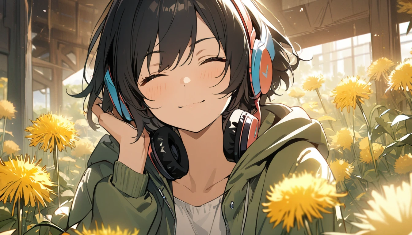 1girl, solo, gentle smile on her face flat chest, short hair, black hair, upper body, ((masterpiece, illustration, best quality)) ((best quality)), ((masterpiece)), (detailed), perfect face, surrounded by dandelions flowers (dandelions), listening to music, One woman, wearing headphones, eyes closed, wearing a hoodie