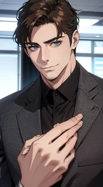 (best quality,4k,8k,highres,masterpiece:1.2),ultra-detailed,(realistic,photorealistic,photo-realistic:1.37),1 man,31 years old,mature man,very handsome,without expression,smile,short grey brown hair,blue eyes,penetrating gaze,perfect face without errors,imposing posture,businessman,office background,cinematic lighting,hdr image