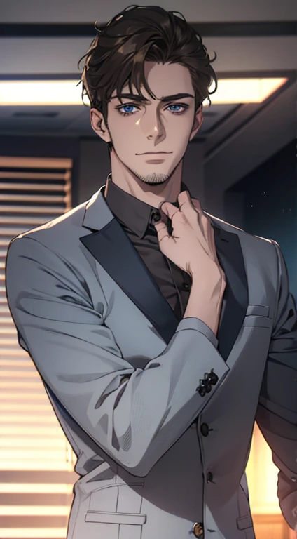 (best quality,4k,8k,highres,masterpiece:1.2),ultra-detailed,(realistic,photorealistic,photo-realistic:1.37),1 man,31 years old,mature man,very handsome,without expression,smile,short grey brown hair,blue eyes,penetrating gaze,perfect face without errors,imposing posture,businessman,office background,cinematic lighting,hdr image