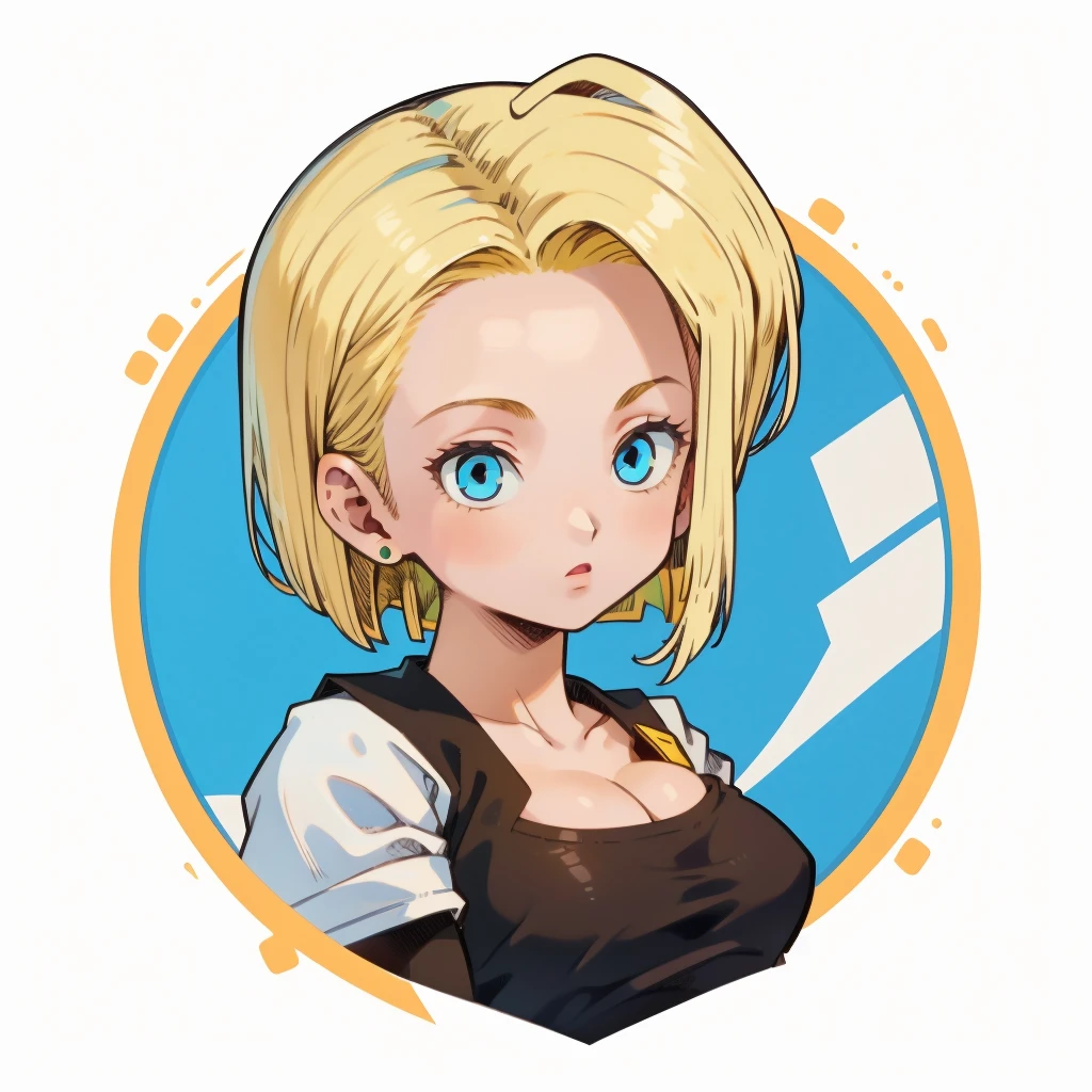 ((1girl,  android 18 , blonde hair, short hair, blue eyes, 1girl, white background, blonde hair, white shirt)), upper body, anatomically correct, short hair, chibi, simple background, cleavage, looking at the viewer, 