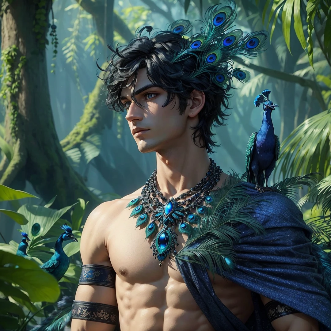 Handsome boy, black hair, dark blue eyes, dark blue peacock feather crown on his head, dark blue peacock feather necklace, dark blue clothe, dark blue peacock
