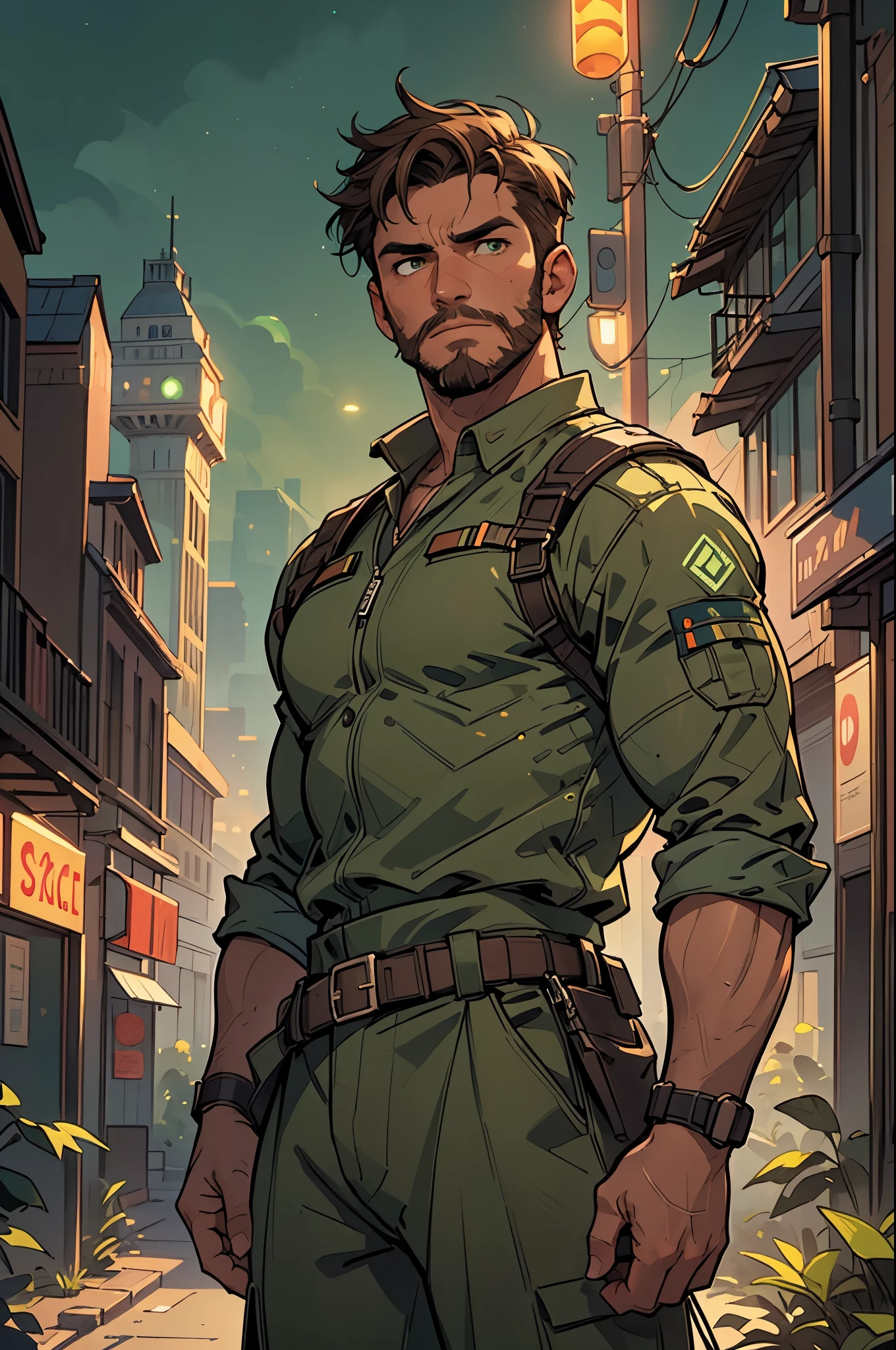 (masterpiece, best quality, detailed face, super detailed, advanced details, highest quality, high resolution, 8K) A cinematographic scene of a serious short brown hair mature man with short beard, green eyes, with soldier clothes, Neon lights and buildings background.