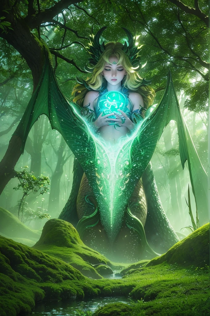 "A mystical dragon, guardian of the enchanted forest, its body covered in shimmering, emerald-green scales that blend seamlessly with the lush foliage. The dragon's eyes glow with a serene, ancient wisdom, and its wings are adorned with delicate, leaf-like patterns. It is surrounded by an aura of gentle light, illuminating the forest floor covered in vibrant flowers and ancient trees. Ethereal mist swirls around its form, adding to the sense of magic and mystery. The background features towering trees with intertwining branches, dappled sunlight filtering through the canopy, and glimpses of woodland creatures peeking out from the undergrowth. Highly detailed, hyper-realistic, soft lighting, harmonious composition."