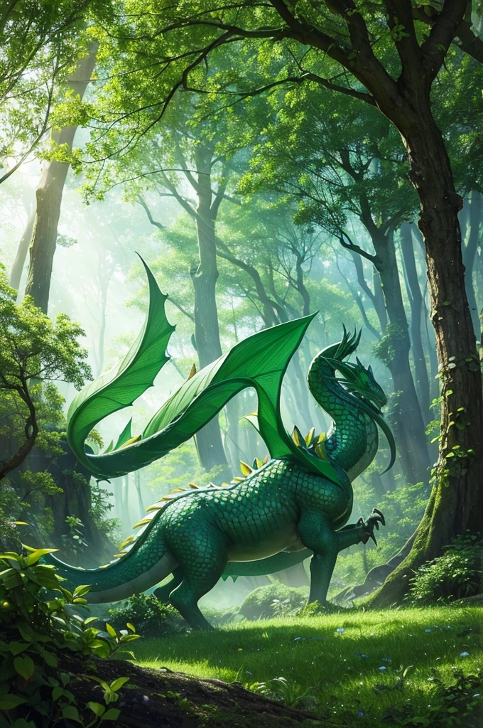 "A mystical dragon, guardian of the enchanted forest, its body covered in shimmering, emerald-green scales that blend seamlessly with the lush foliage. The dragon's eyes glow with a serene, ancient wisdom, and its wings are adorned with delicate, leaf-like patterns. It is surrounded by an aura of gentle light, illuminating the forest floor covered in vibrant flowers and ancient trees. Ethereal mist swirls around its form, adding to the sense of magic and mystery. The background features towering trees with intertwining branches, dappled sunlight filtering through the canopy, and glimpses of woodland creatures peeking out from the undergrowth. Highly detailed, hyper-realistic, soft lighting, harmonious composition."