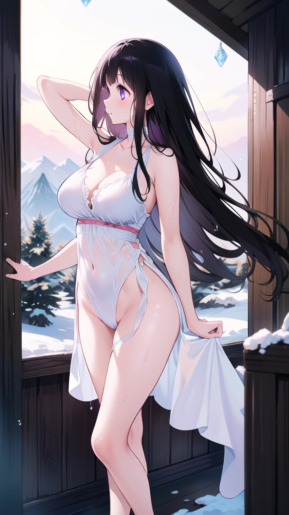 Chitanda,只有一个beautiful girl,Purple Eyes, Black Hair, Natural straight hair, Straight bangs,Extremely refined,open your lips,Face is so red,Very white skin,Skin as delicate as porcelain,Glowing skin,big eyes,Flowing long hair,beautiful girl, Like a dream,Slim,Slim waist,Soft, (Sensual), (Kawaii), Dream quality,Sweaty and sweaty,Wet skin,Side breasts,snowflake,Playing in the snow on the snow mountain,White transparent dress,Profile,(Completely naked),Gluteal groove,The outline of the breasts is visible through clothing,Completely naked的背部,nacked hip,very close,Deep V neckline,Loose neckline,Beautiful big breasts,No pants,nopan,no pants,Bare shoulders,There are no shoulder straps,Exposed collarbone,Delicate clavicle,Delicate hands and feet,Bare neck,There are no clothes around the neck,Bare thighs,Exposed groin,Camel toe,extremely shy,Ultra-high resolution, (masterpiece:1.2, best quality), (Delicate and beautiful eyes: 1.2), (Beautiful and delicate face)