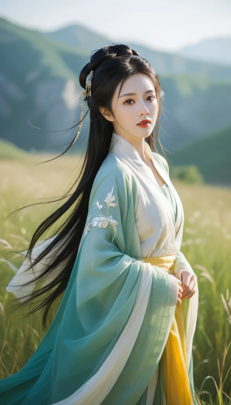 best quality,HD portrait photography， Looking at the audience,Female image wearing traditional Hanfu, Big breasts，summer,ruins,((Messy hair)),(grassland),(Yellow eyes),Ridiculous,(blond),Flowing hair,A large number of environments,middle Ages ,grace,prospect,Water Eye,wind,微wind,Divine Light,grassland,Mountains and lakes in the distance,The sun shines through the trees,A vast expanse of grassland,Pretty Face, beautiful eyes,