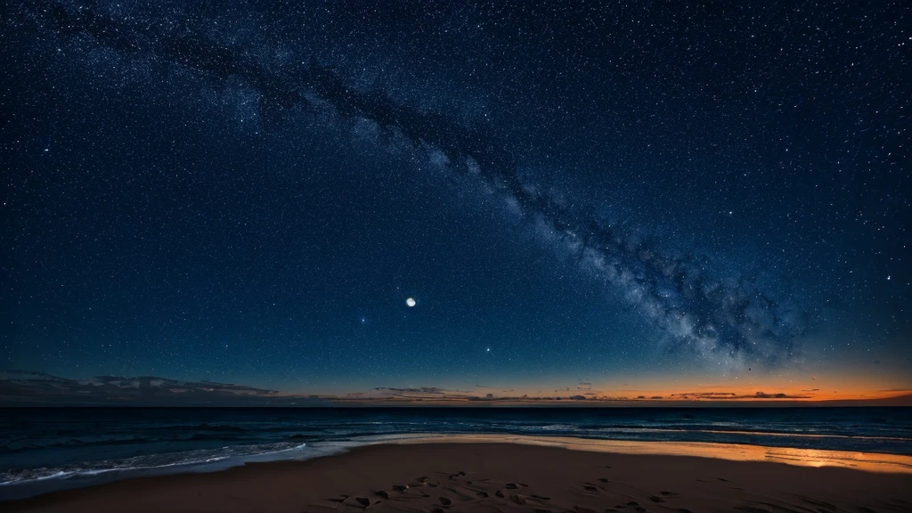 Ocean,mysterious,photo,night,Starry Sky,horizontal line,Bright Moon,小さな無人島が穏やかなOceanに浮かんでいる