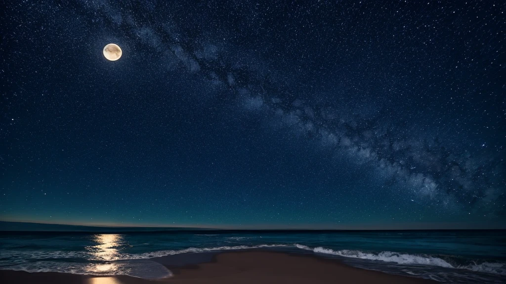 Ocean,mysterious,photo,night,Starry Sky,horizontal line,Bright Moon,小さな無人島が穏やかなOceanに浮かんでいる