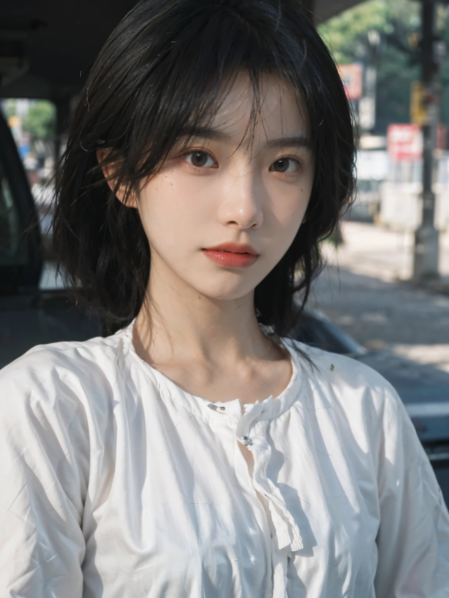 (Skin details:1.4), (smooth skin textures:1.3), Lipstick, background, earrings, Serene, calm, (Realistic and detailed eyes：1.2）, (Large Breasts:1.3),Natural skin texture, Realistic facial details, Soft dramatic lighting, Vivid details, 35 mm film, outdoor, (Photo Practical:1.4), (hyper Practical:1.4), (Practical:1.3), (Smoother lighting:1.05), (Improve lighting quality:0.9), (Highest quality real skin textures:1.4), Exquisite eyes, Delicate face, Close-up of face, (Enhance the beauty of skin texture:1.1), Hair details,  Model，normal body ratio, short hair, Moles under the eyes, Park background，Portrait Photography, Depth of Field, bokeh, Surrealism, Ray Tracing, (Portrait Photography:1.1), Surrealism, High Detail, clair obscur, Ray Tracing, reflected light, ultra HD, ultra HD, masterpiece, Textured Skin, Super Detail, High Detail, high quality, best quality