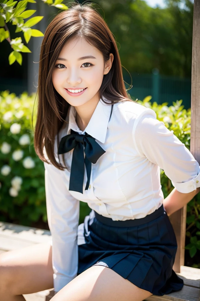 Pure Japanese school girl, wearing uniforms and blouse and skirt, natural makeup, natural hair styles, sweet smile, sexual attractive, sitting and relaxing, professional portrait photography, dazzling summer sunlight,