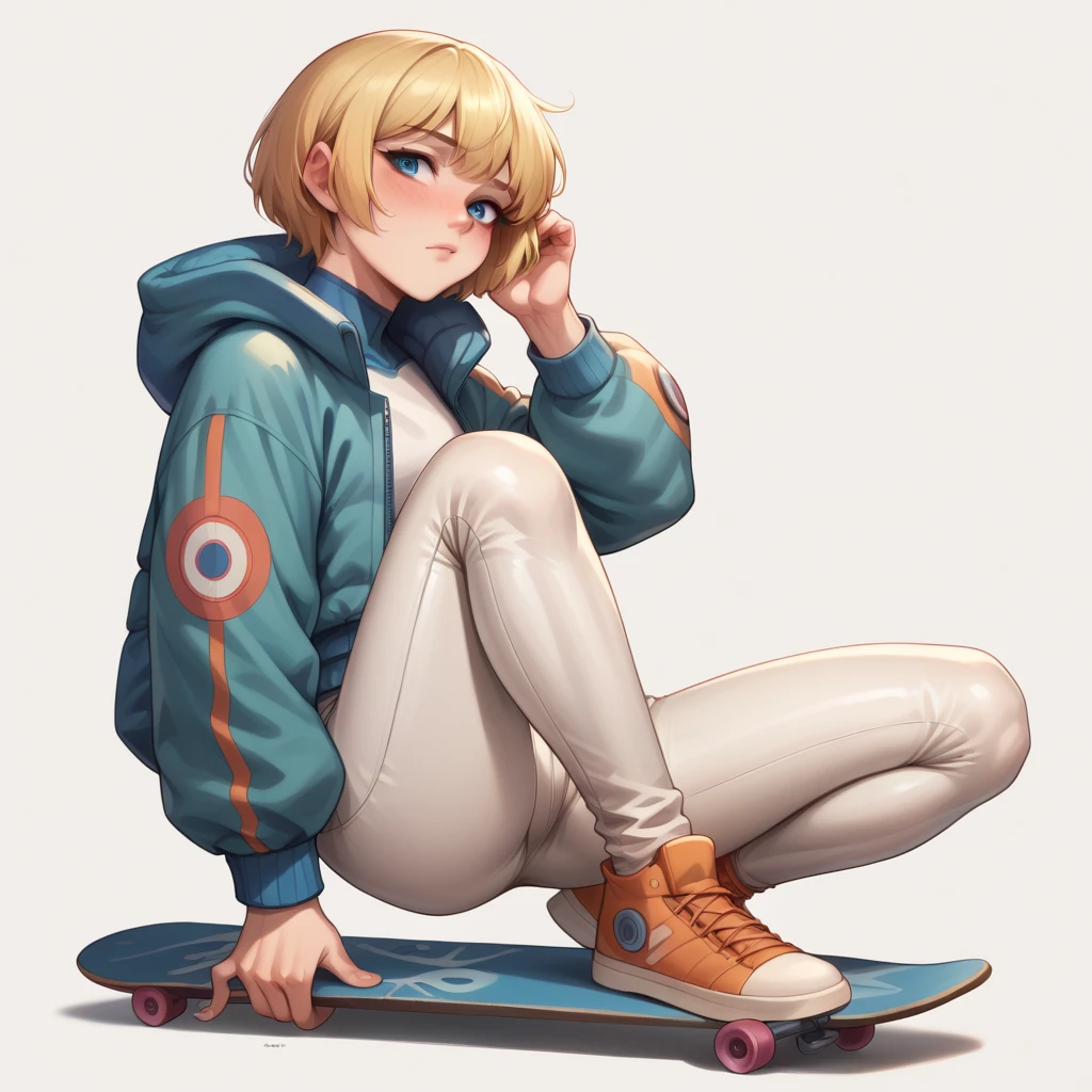 1girl, solo, white background, wattson, masterpiece, highly detailed, blue eyes, blonde hair, short hair, Fluorescent green jacket, Rubber Gloss, white rubber skinsuit, Yellow skateboard shoes,  white pants, blush, plain background