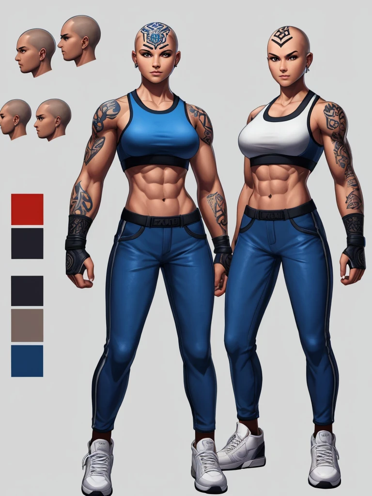 ((best quality)), ((4k)), ((highres)), ((masterpiece:1.2)). ((detailed)), ((ultra realistic)), ((intricate details)), ((full body picture)), ((character design sheet)), ((blank background)), ((standing in a blank background)), a full body shot of a bald female, bald woman, muscular woman, muscular arms, mucular legs, about 5'8 tall, about 25 years old, tattoos, dressed in a sports bra and blue jeans pants, midriff, six pack abs, sneakers, female gang member, character concept art, fighting game concept art, king of fighters character concept art, shaved head, head tattoos ((head tattoos))
