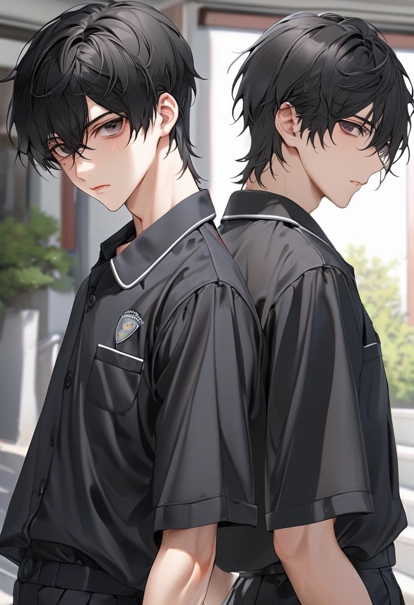 A highschool boy, handsome, perfect body, black hair, short hair, mullet, black eyes, upturned eyes, expressionless, black highschool uniform, anime, first-person view, masterpiece, anatomically correct, high details, highres, best quality, super detail, 1080P