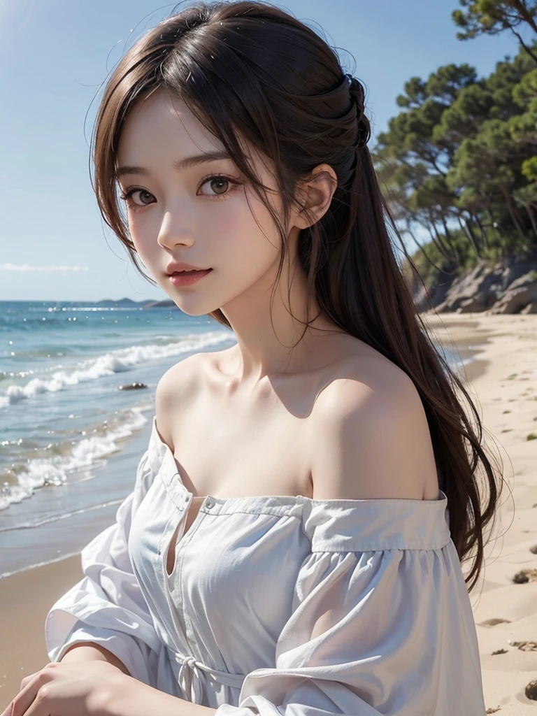 A portrait of a young Japanese woman standing on a sandy beach. She is wearing a white off-shoulder blouse, her hair is shoulder-length and ash brown. The background features a serene beach scene. Her facial expression and eyes are rendered with incredible detail, showcasing a pure and enchanting smile. The image should capture a feminine vibe and invite the viewer's favor, all in 4K quality and in a 16:9 aspect ratio.