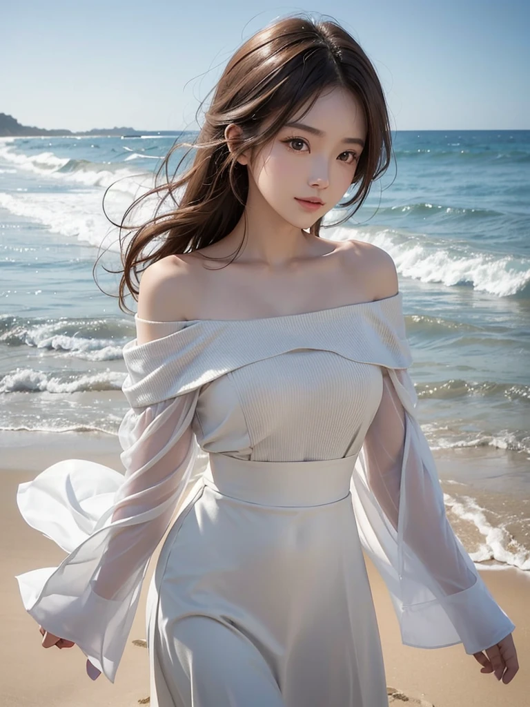 A portrait of a young Japanese woman standing on a sandy beach. She is wearing a white off-shoulder blouse, her hair is shoulder-length and ash brown. The background features a serene beach scene. Her facial expression and eyes are rendered with incredible detail, showcasing a pure and enchanting smile. The image should capture a feminine vibe and invite the viewer's favor, all in 4K quality and in a 16:9 aspect ratio.