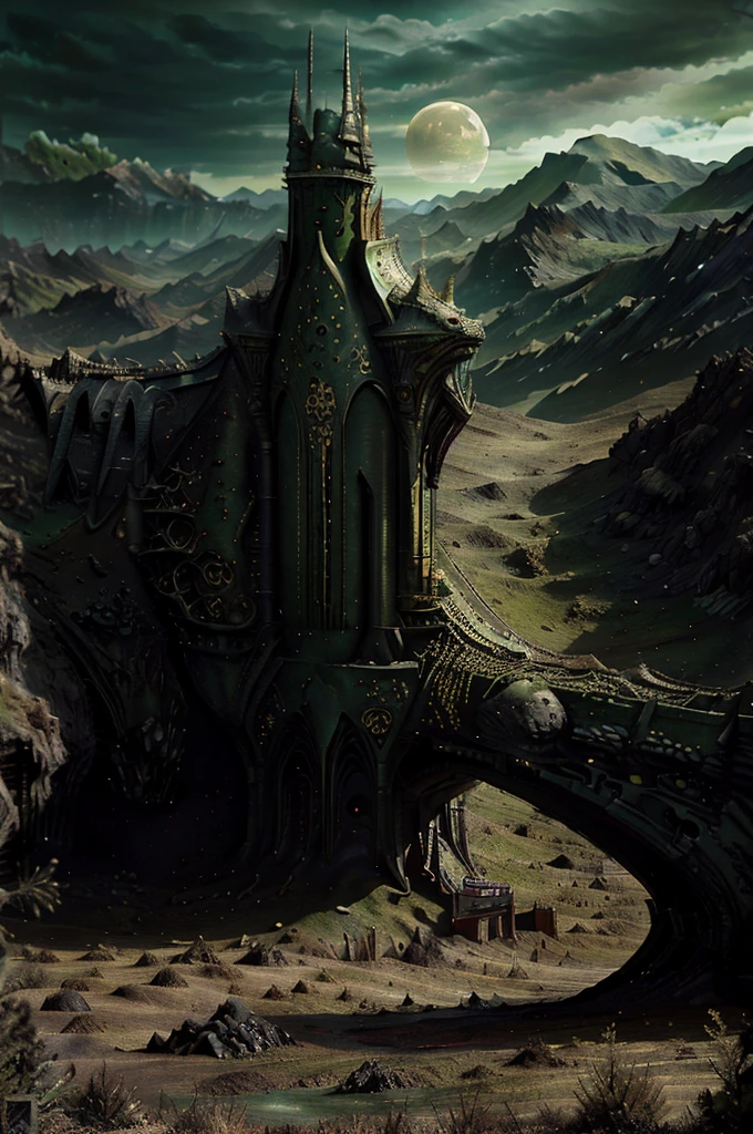 dragon, green, rot, Golden,  Lunar landscape,  No human 