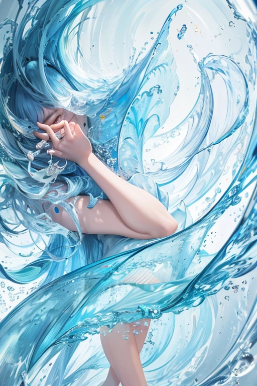 (masterpiece, best quality, high quality, highres, ultra-detailed), 1girl,solo,light_blue_hair,liquid hair, long hair,floating hair, full body, standing,sundress, liquid clothes,water dress,  best quality, 8k, detailed skin texture,  beautiful detailed face, intricate details, ultra detailed,dancing,   skirt_tail,
A close up of a woman with blue hair and a blue dress