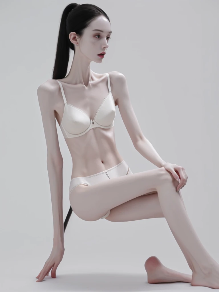 a woman, very thin body, body visible bones, very slender, pale white skin, , ,tatto, sweaty weat body , full body viewed , at the office