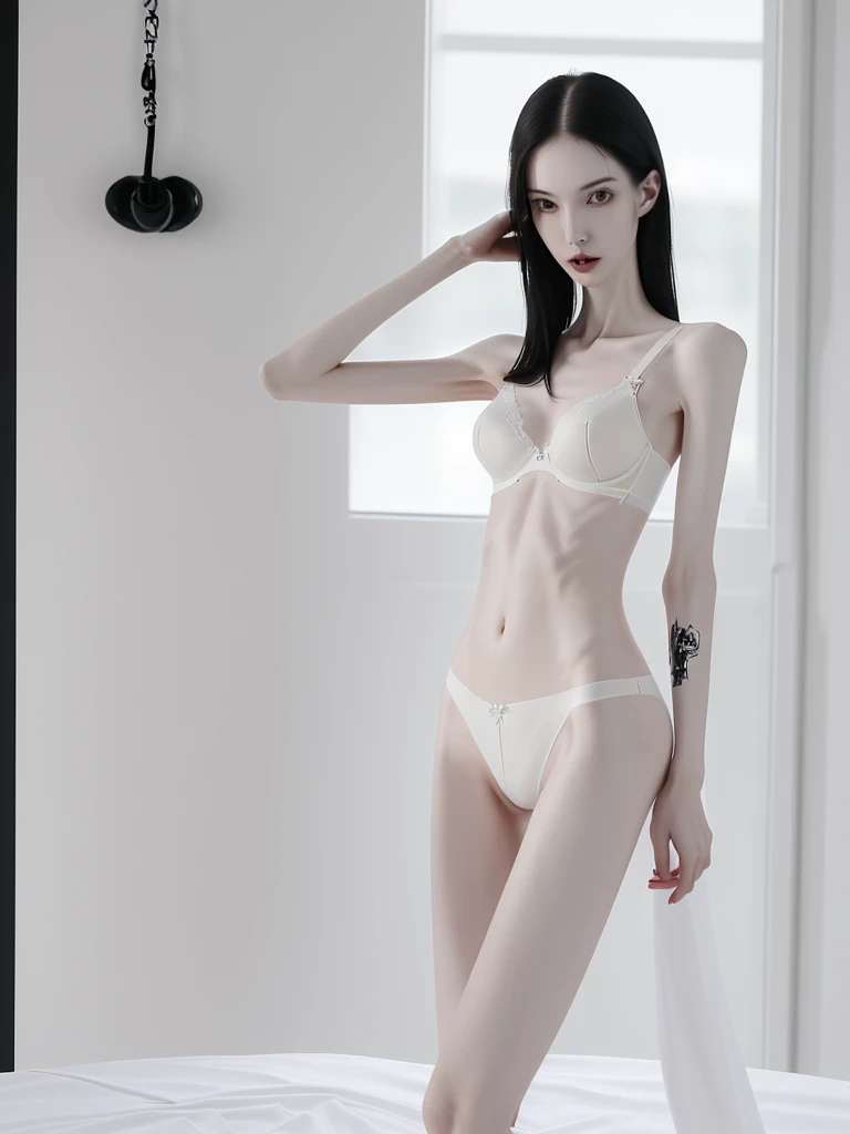 a woman, very thin body, body visible bones, very slender, pale white skin, panties, bra,tatto, sweaty weat body , full body viewed , at the office