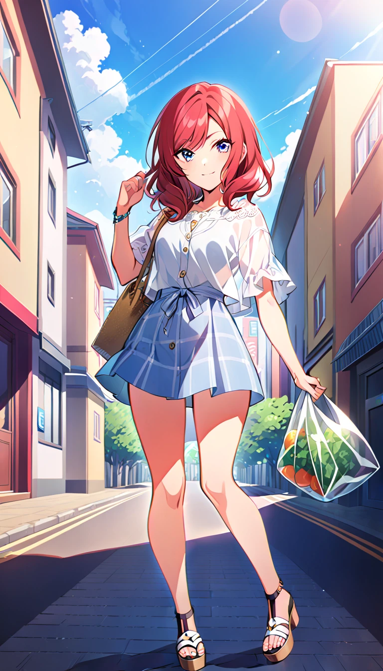 One girl, Maki Nishikino's whole body, wearing clothes for going out in the city in midsummer, id_maki_nishikino, town background