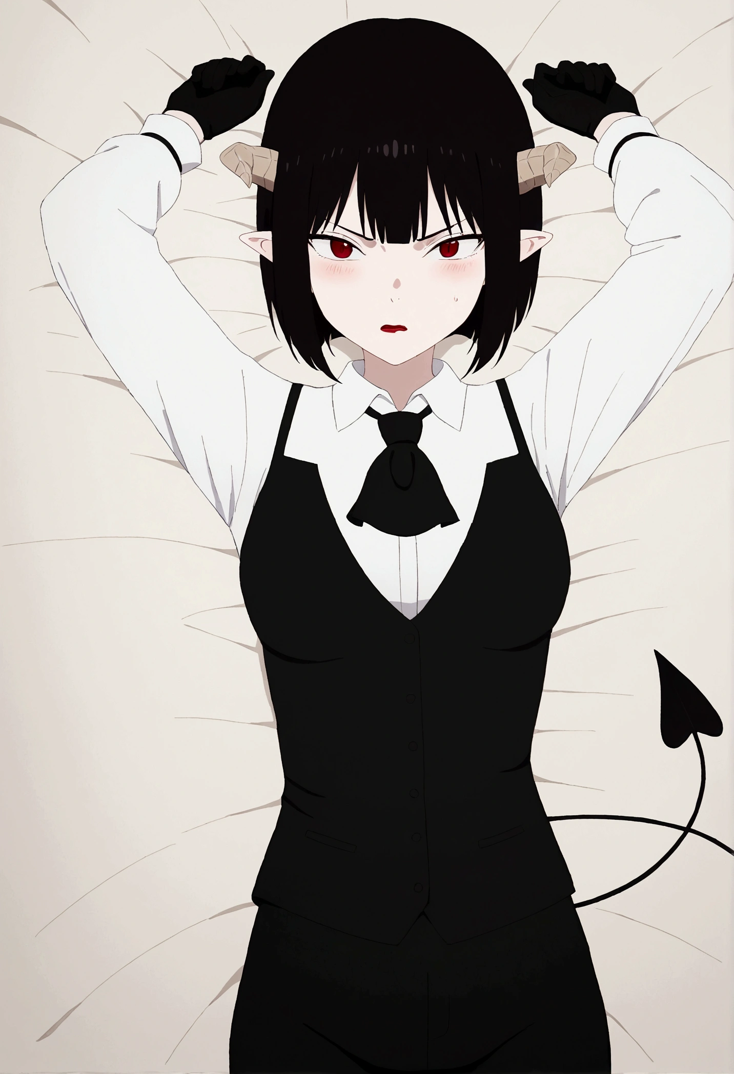 work of art, best qualityer, high resolution, 1girl horns short hair demon tail, white shirt black ascot black gloves black pants black vest lying on your back, sheet, Hands behind the head,Eyes red,blushed,slender,brava,angry