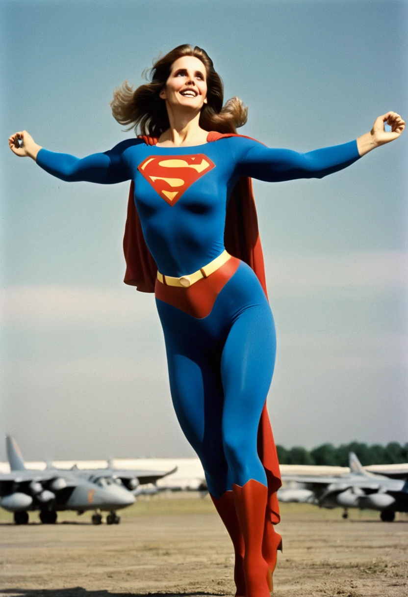 Julie Hagerty 1980 Superman movie; take-off position; arms stretched upwards; .