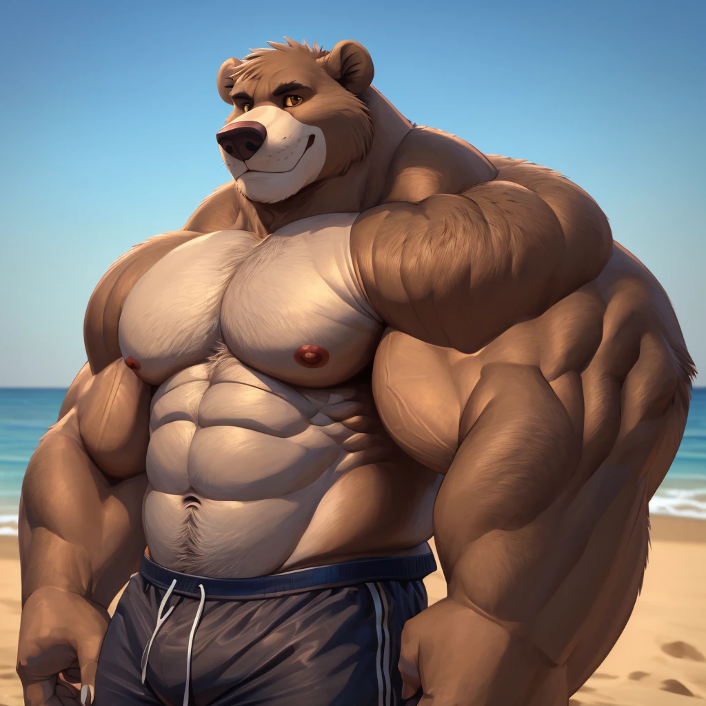 solo, 1boy, beach, size different, extremely huge muscular, massive muscular, Baloo, jungle book, grizzly bear, full-body, well-muscled bring shirtless in a black swim trunk shorts in beach. Flexing his arms. ((extremely muscle size, super thick arms, huge back, thick brown fur, extremely wide back and shoulder , huge arms)). and add details to make it attractive and interesting. Add textures and details to make the image more realistic, such as the appearance of the shirt texture and the appearance of the skin. Make sure the resulting image is high resolution, 8K quality.", simple background, masterpiece, high detailed, 8k, high resolution