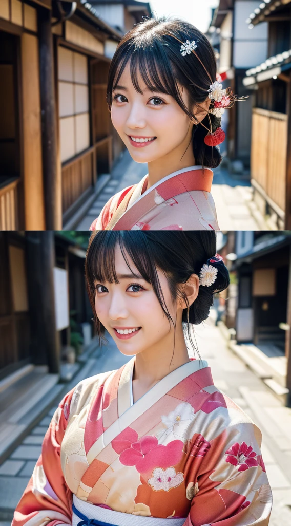 Professional Lighting,(Photorealistic:1.4), (Top image quality:1.0), (超High resolution:1.0), 8K, Raw photography, (masterpiece:0.2), (Facing the children_v1:0.5)、(highest quality Detail:1.2)、Realistic、8K Ultra HD、High resolution、(1 Girl:1.2)、Super detailed、High quality textures、Intricate details、detailed、Very detailed CG、High quality shadows、detailed Beautiful and delicate face、Beautiful details and a delicate eye、(Symmetrical eyes:1.2),Written boundary depth、Ray Tracing,1 Girl, Japanese Girls, (Natural smile:1.4),cute, thin, Portrait of a beautiful Japanese woman in a kimono, Standing elegantly on a street corner in Kyoto. Kimono with vibrant traditional patterns, Hair decorated with elegant and delicate hairpins, Gentle expression. (With the old streets of Kyoto in the background:1.4)、The soft light of a spring afternoon、Adding tranquility to the scene. Rendered in a Realistic style with great attention to detail, High resolution images.Sky Porn, Magic Hour, (Realistic:1.3), finely, quality, (Tabletop:1.2), (Realistic:1.2), (highest quality), (複雑なdetailed), dramatic, Ray Tracing, photograph, +roller