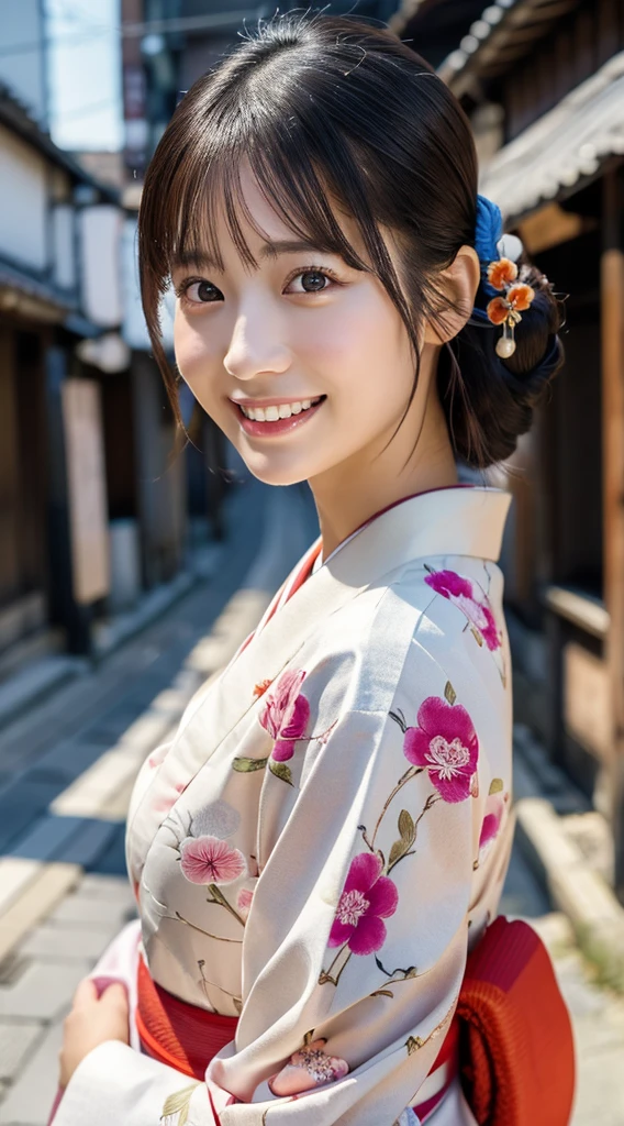 Professional Lighting,(Photorealistic:1.4), (Top image quality:1.0), (超High resolution:1.0), 8K, Raw photography, (masterpiece:0.2), (Facing the children_v1:0.5)、(highest quality Detail:1.2)、Realistic、8K Ultra HD、High resolution、(1 Girl:1.2)、Super detailed、High quality textures、Intricate details、detailed、Very detailed CG、High quality shadows、detailed Beautiful and delicate face、Beautiful details and a delicate eye、(Symmetrical eyes:1.2),Written boundary depth、Ray Tracing,1 Girl, Japanese Girls, (Natural smile:1.4),cute, thin, Portrait of a beautiful Japanese woman in a kimono, Standing elegantly on a street corner in Kyoto. Kimono with vibrant traditional patterns, Hair decorated with elegant and delicate hairpins, Gentle expression. (With the old streets of Kyoto in the background:1.4)、The soft light of a spring afternoon、Adding tranquility to the scene. Rendered in a Realistic style with great attention to detail, High resolution images.Sky Porn, Magic Hour, (Realistic:1.3), finely, quality, (Tabletop:1.2), (Realistic:1.2), (highest quality), (複雑なdetailed), dramatic, Ray Tracing, photograph, +roller