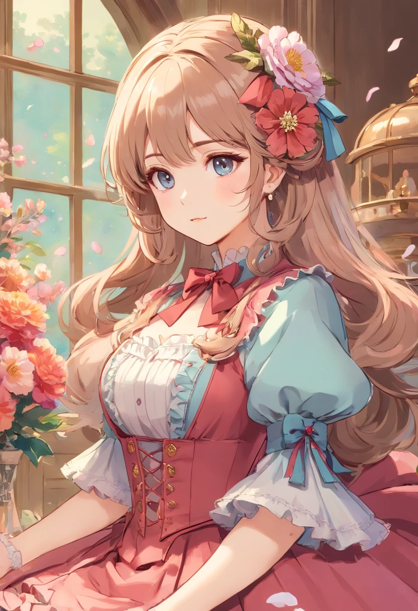 (Masterpiece), (best quality), illustration of Victorian Girl、kawaii girl、aniime、 1. **lo fashion**: Victorian fashion is characterized by dressy and elegant design。Ruffles and laces、corsets、Try incorporating elements such as long dresses。 2. **hairstyle on**: Women's hairstyles in the Victorian era are often complex and delicate。Upstyling and curling、It is also a good idea to add ribbons and floral ornaments to the hair.。 3. **Features**: girl features with soft features、Beautiful、kawaii、intelligent Beatty, Beautiful 5. **accessorized**: Accessories played an important role in the Victorian era。Hats、gloves、umbrellas, etc.、By drawing accessories with attention to detail、You can give your character personality。 Nice dress、florals、Luxurious costumes、PastelColors, (shining brightly), ((dazzling)), (floating a lot of flower petals, ((2d)), ((paper art))、(((glamorous)))、Plump、(((Chubby Mature Woman)))、(((Huge breasts)))、sexy woman、(Voluptuous:1.2)