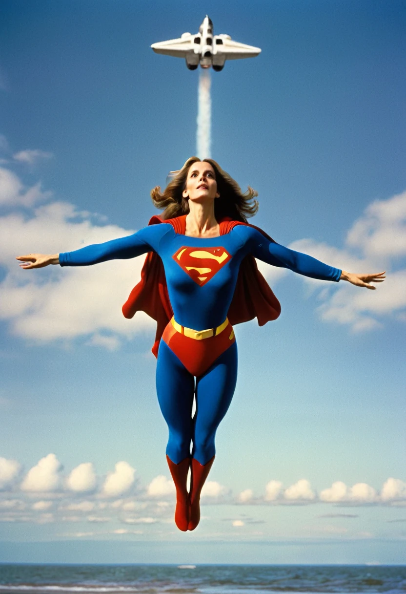 Julie Hagerty 1980 Superman movie; take-off position; arms stretched upwards; floating towards the sky.