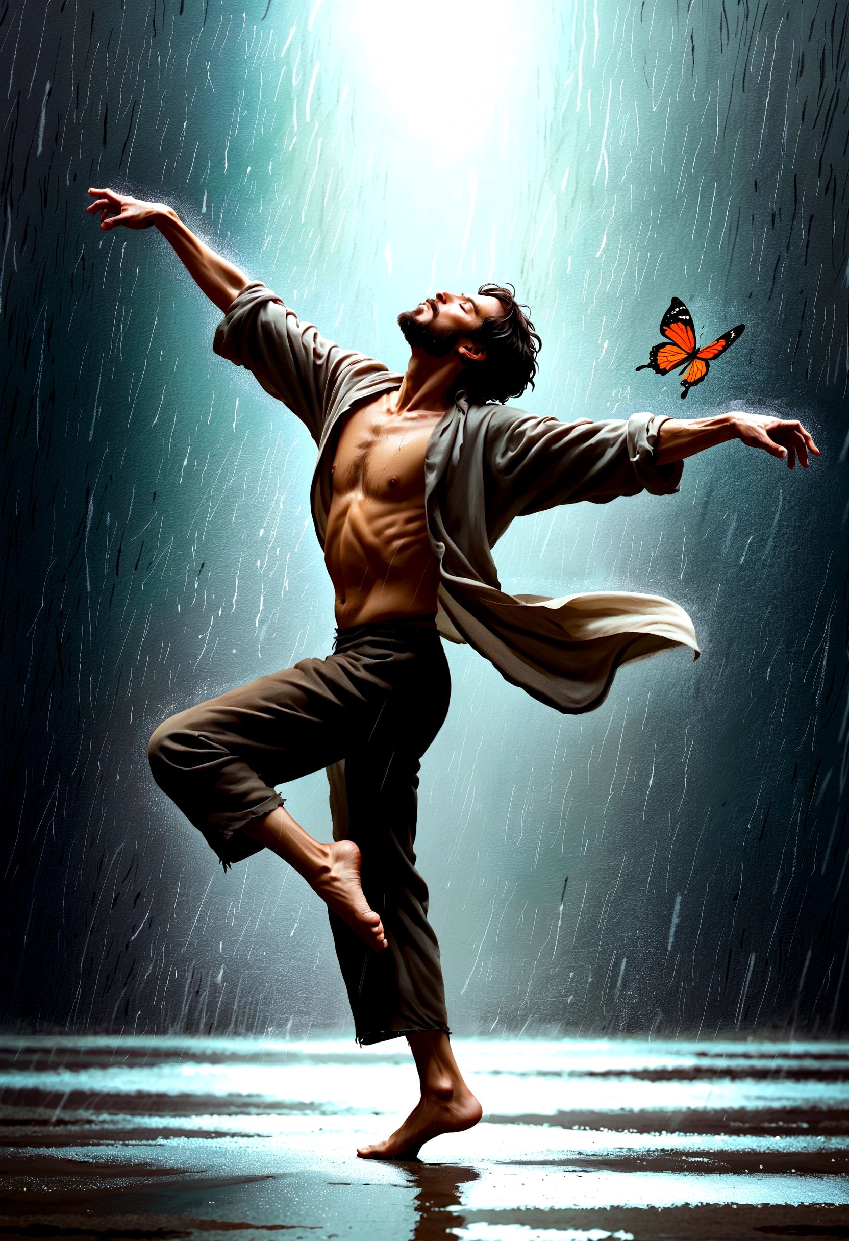 Soul Dancer Mark,A homeless man dancing alone in the rain， souls，Barefoot，Loose and worn clothes，Professional ballet movements，Fingertips 1 butterfly，Very contagious，Splash，Light and Shadow，Minimalism，artistic conception，Clean background