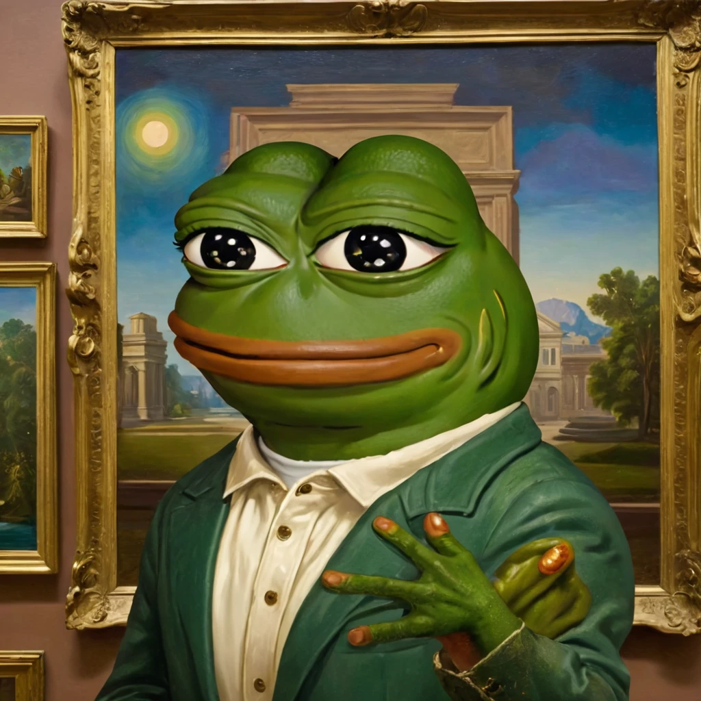 a pepe the frog cartoon character visiting an art museum,highly detailed,museum interior with classical paintings and sculptures,pepe the frog wearing casual clothes exploring the museum,extremely detailed facial features,expressive poses and gestures,vibrant colors,dramatic lighting,photorealistic,digital painting