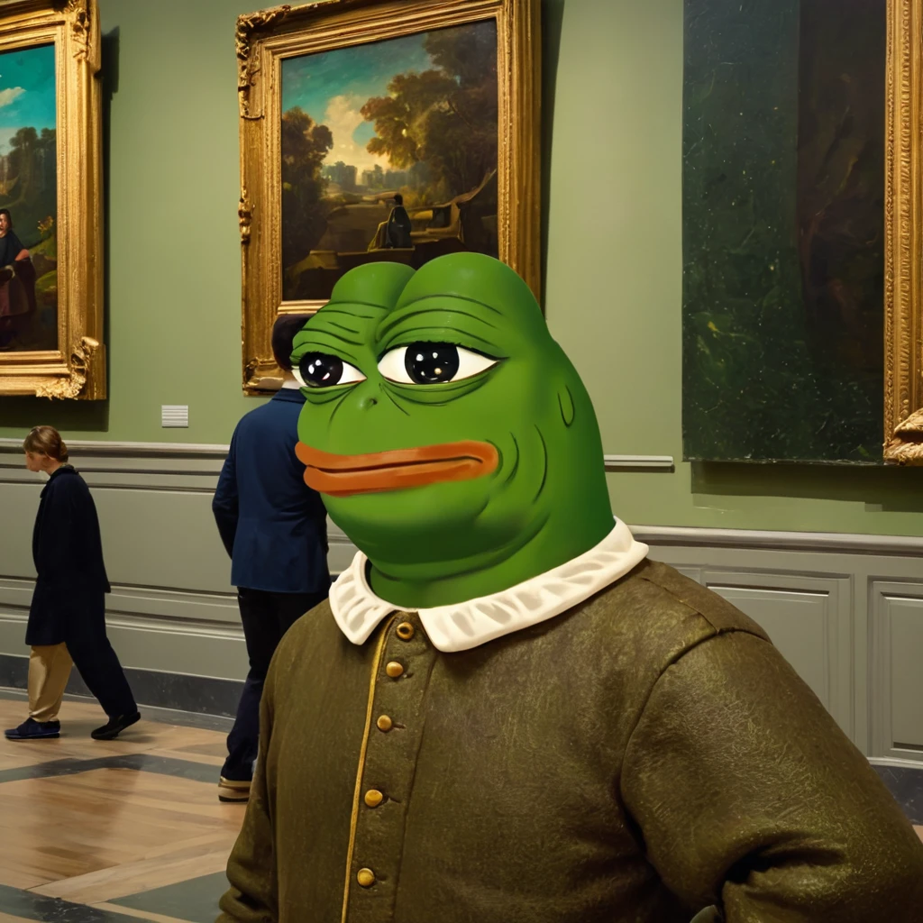 a pepe the frog cartoon character visiting an art museum,highly detailed,museum interior with classical paintings and sculptures,pepe the frog wearing casual clothes exploring the museum,extremely detailed facial features,expressive poses and gestures,vibrant colors,dramatic lighting,photorealistic,digital painting