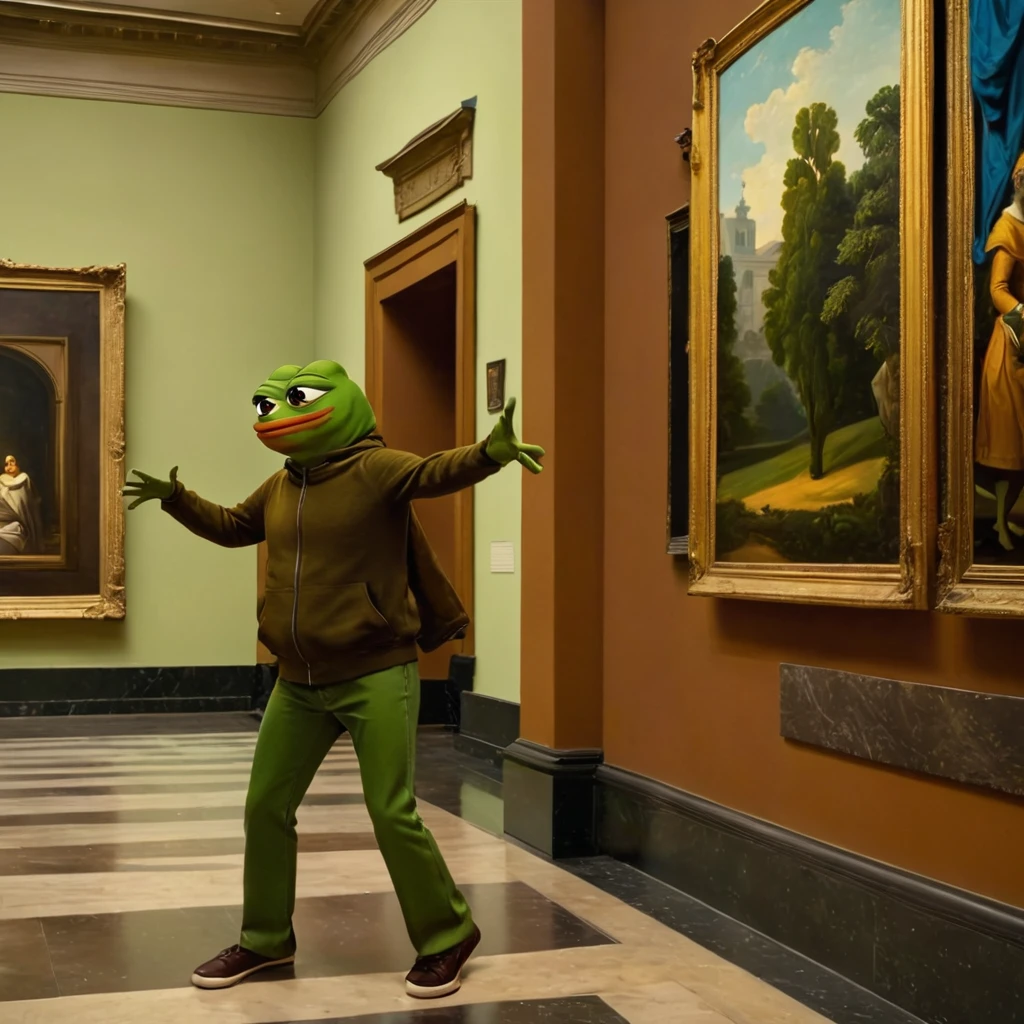 a pepe the frog cartoon character visiting an art museum,highly detailed,museum interior with classical paintings and sculptures,pepe the frog wearing casual clothes exploring the museum,extremely detailed facial features,expressive poses and gestures,vibrant colors,dramatic lighting,photorealistic,digital painting