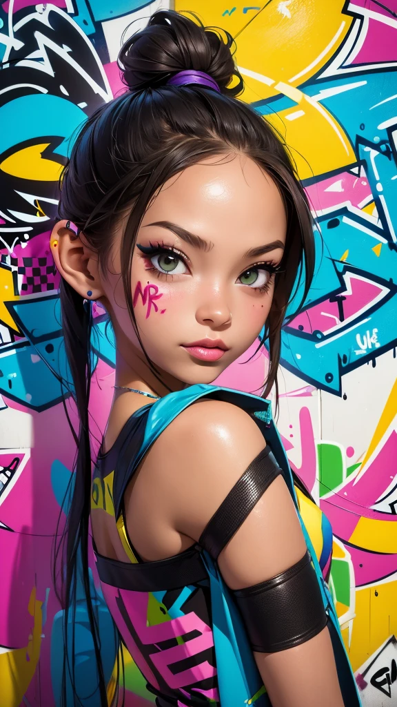 (best quality), (high detail), (vivid colors), (graffiti style), (freestyle), (Close up), (1girl), young sexy female graffiti artist, spraying graffiti on a wall painted with street art, HDR, 8K, 3D, graffiti art style.