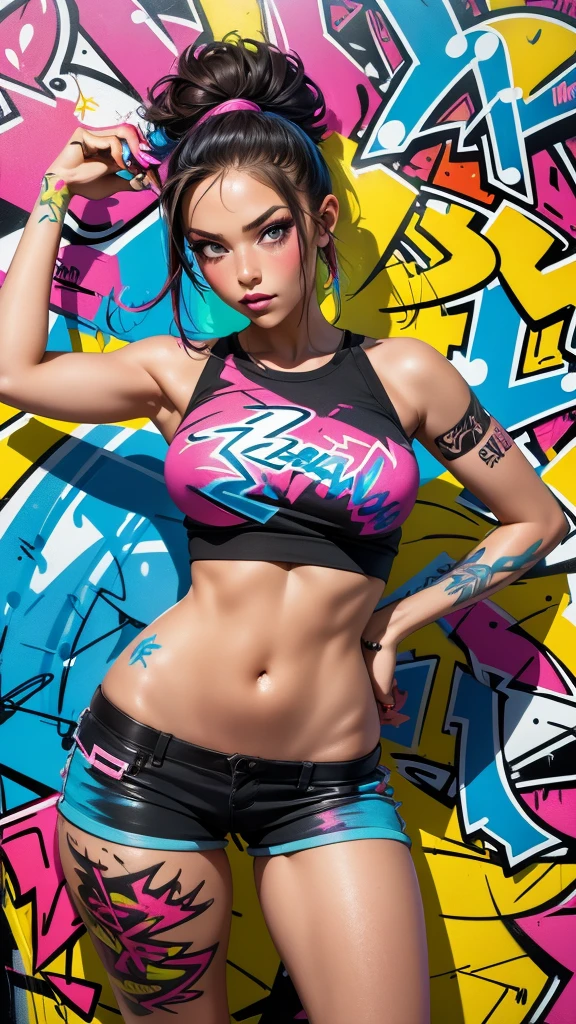 (best quality), (high detail), (vivid colors), (graffiti style), (freestyle), (Close up), (1girl), young sexy female graffiti artist, spraying graffiti on a wall painted with street art, HDR, 8K, 3D, graffiti art style.