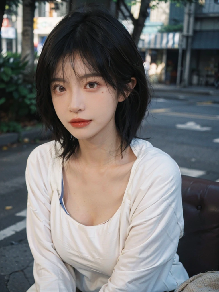(Skin details:1.4), (smooth skin textures:1.3), Lipstick, background, earrings, Serene, calm, (Realistic and detailed eyes:1.2), (Large Breasts:1.3),Natural skin texture, Realistic facial details, Soft dramatic lighting, Vivid details, 35 mm film, outdoor, (Photo Practical:1.4), (hyper Practical:1.4), (Practical:1.3), (Smoother lighting:1.05), (Improve lighting quality:0.9), (Highest quality real skin textures:1.4), Exquisite eyes, Delicate face, Close-up of face, (Enhance the beauty of skin texture:1.1), Hair details, Model,normal body ratio, short hair, Moles under the eyes, Park background,Portrait Photography, Depth of Field, bokeh, Surrealism, Ray Tracing, (Portrait Photography:1.1), Surrealism, High Detail, clair obscur, Ray Tracing, reflected light, ultra HD, ultra HD, masterpiece, Textured Skin, Super Detail, High Detail, high quality, best quality