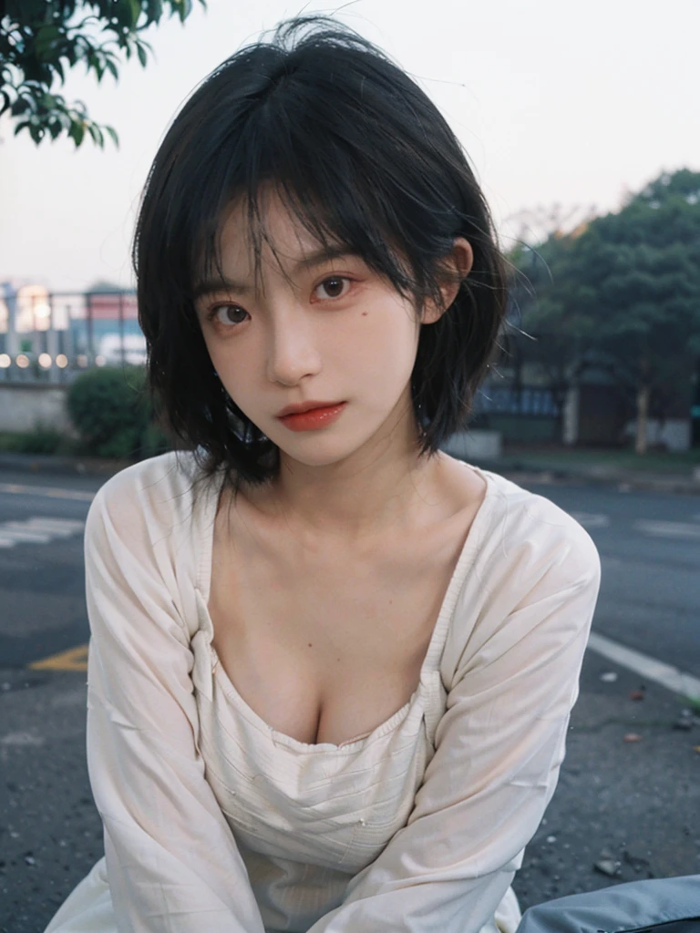 (Skin details:1.4), (smooth skin textures:1.3), Lipstick, background, earrings, Serene, calm, (Realistic and detailed eyes：1.2）, (Large Breasts:1.3),Natural skin texture, Realistic facial details, Soft dramatic lighting, Vivid details, 35 mm film, outdoor, (Photo Practical:1.4), (hyper Practical:1.4), (Practical:1.3), (Smoother lighting:1.05), (Improve lighting quality:0.9), (Highest quality real skin textures:1.4), Exquisite eyes, Delicate face, Close-up of face, (Enhance the beauty of skin texture:1.1), Hair details,  Model，normal body ratio, short hair, Moles under the eyes, Park background，Portrait Photography, Depth of Field, bokeh, Surrealism, Ray Tracing, (Portrait Photography:1.1), Surrealism, High Detail, clair obscur, Ray Tracing, reflected light, ultra HD, ultra HD, masterpiece, Textured Skin, Super Detail, High Detail, high quality, best quality
