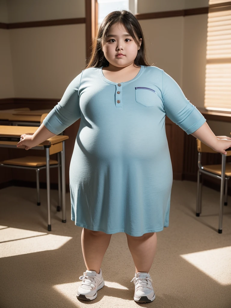 a obese girl, chubby cheeks, round face, double chin, thick arms and legs, wearing a , standing in a school setting, realistic, detailed, highly detailed, intricate details, photorealistic, 8k, masterpiece, cinematic lighting, dramatic shadows, vibrant colors